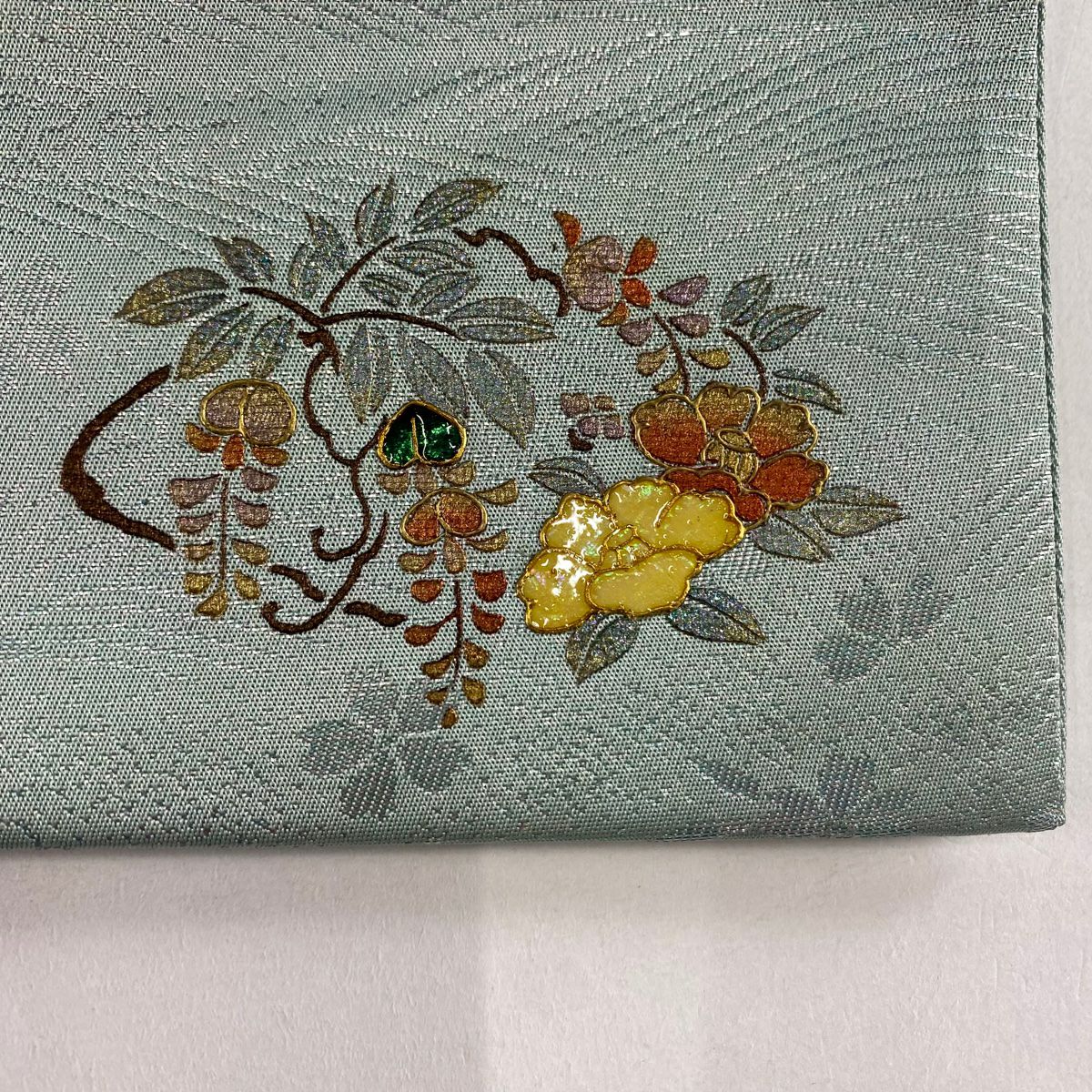 袋帶 秀品級 單點圖案 櫻花 草花紋紋 螺鈿 金金箔 淺綠 全通 純蠶絲