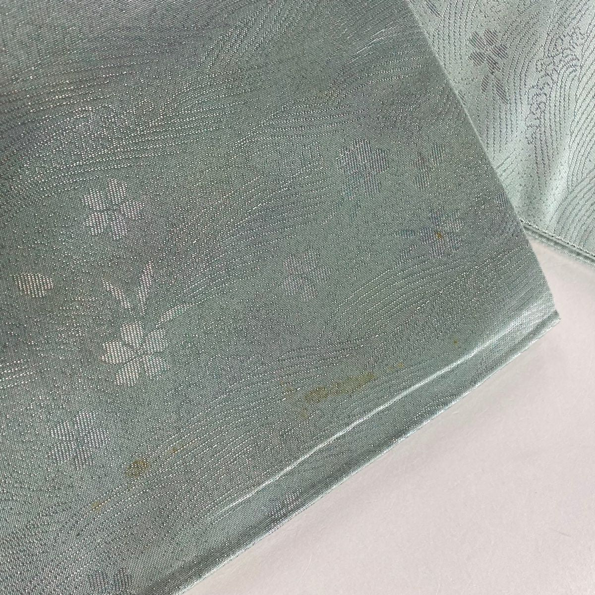 袋帶 秀品級 單點圖案 櫻花 草花紋紋 螺鈿 金金箔 淺綠 全通 純蠶絲