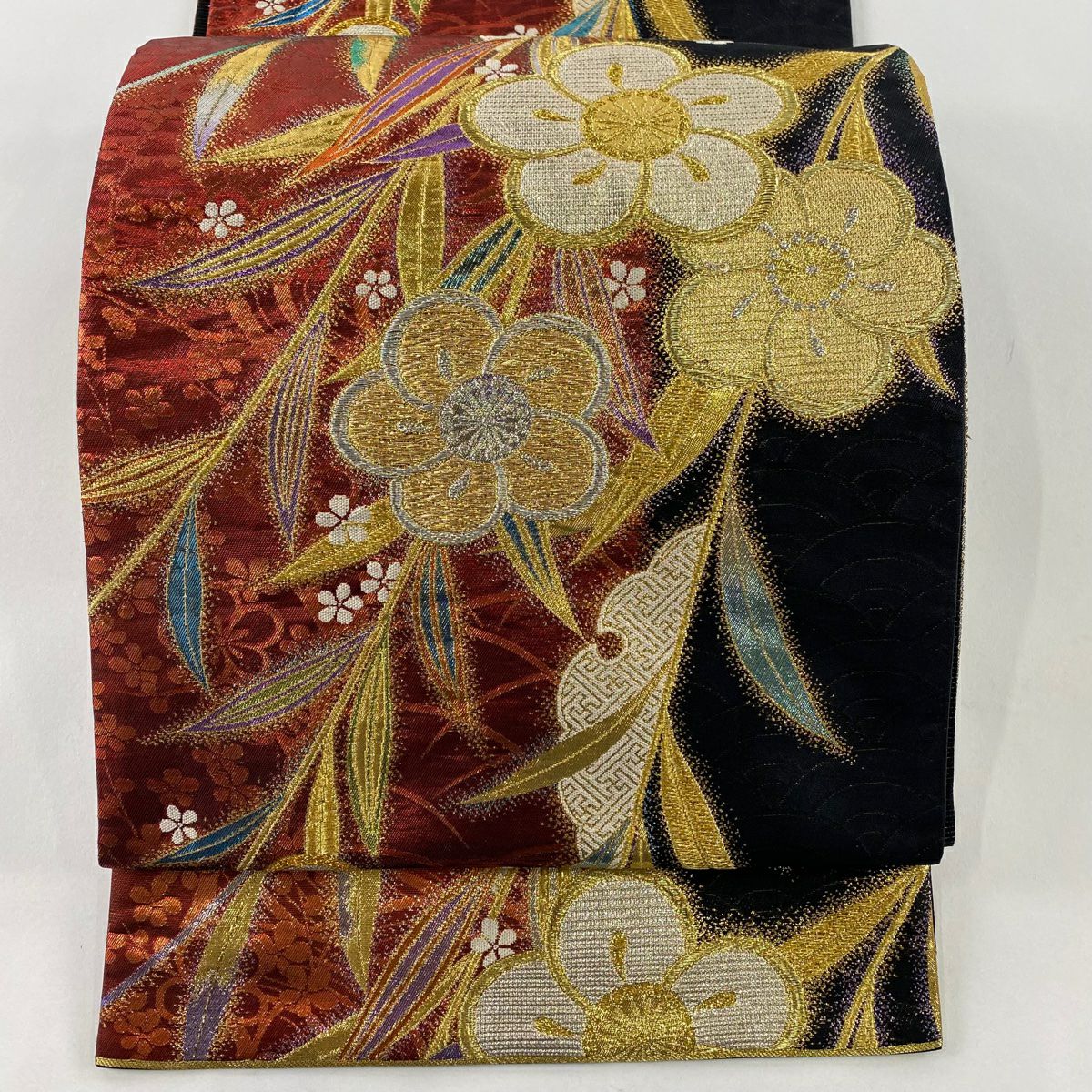袋帶 秀品級 捻梅花 雪芝 金銀絲 拉麵金箔 紅 六通 純蠶絲