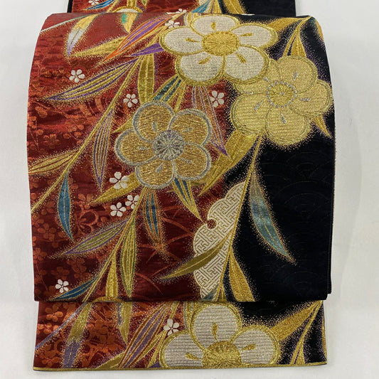 袋帶 秀品級 捻梅花 雪芝 金銀絲 拉麵金箔 紅 六通 純蠶絲