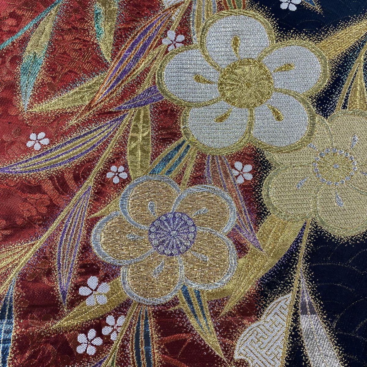 袋帶 秀品級 捻梅花 雪芝 金銀絲 拉麵金箔 紅 六通 純蠶絲