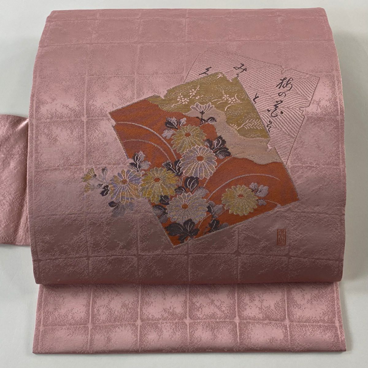【美品】 名古屋帶 秀品級 色紙 菊花 銀線 粉色 純蠶絲