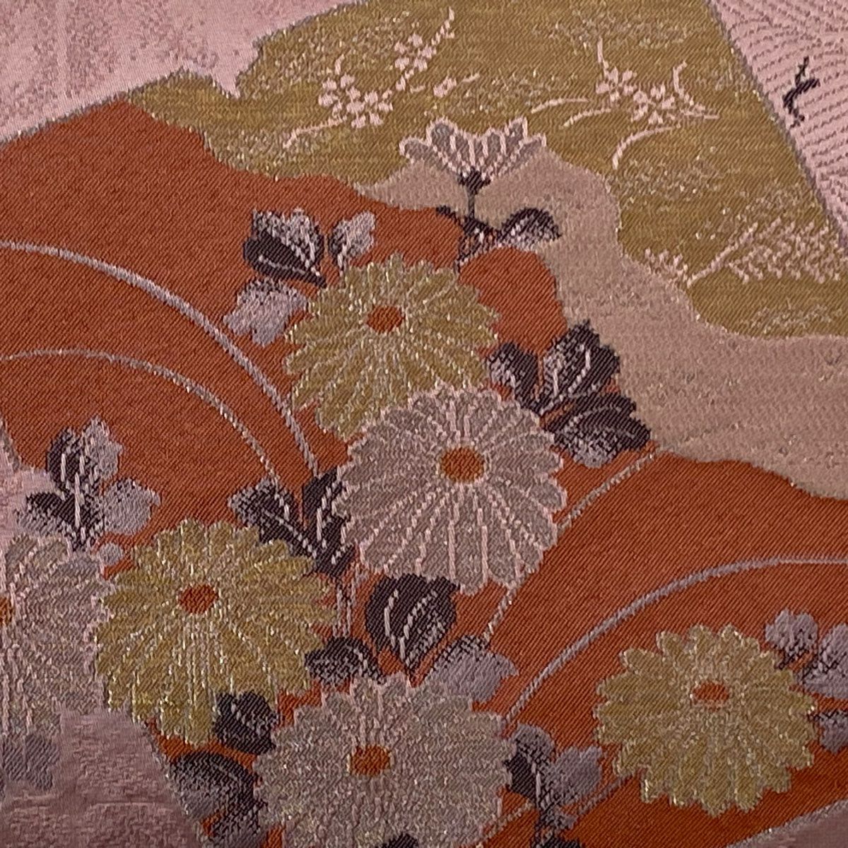 【美品】 名古屋帶 秀品級 色紙 菊花 銀線 粉色 純蠶絲