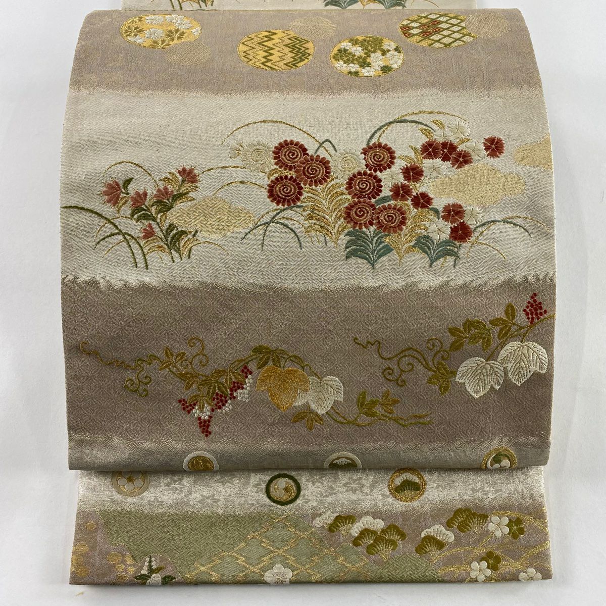 【美品】 袋帶 秀品級 葡萄 草花紋 金糸 金金箔 薄茶 六通 純蠶絲