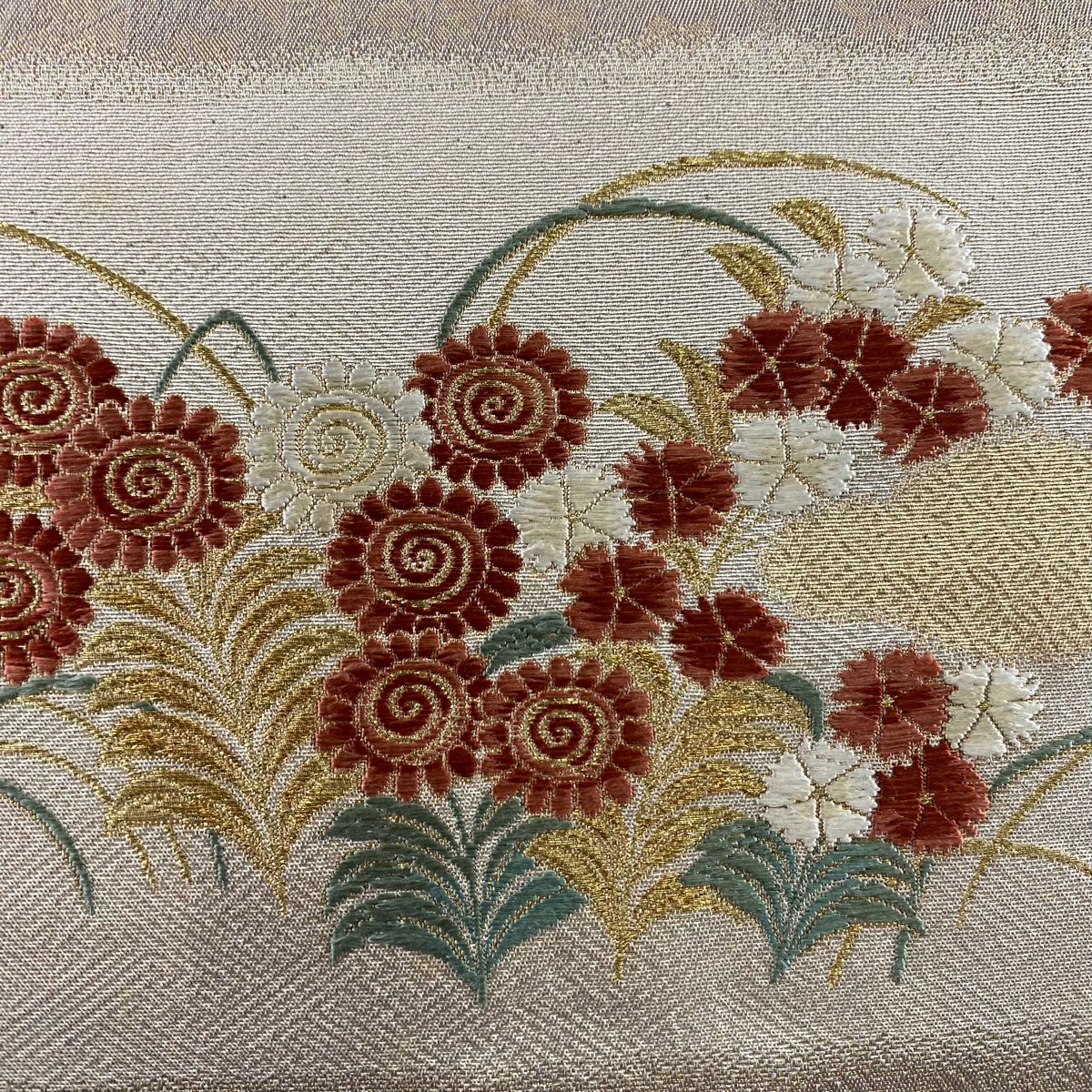 【美品】 袋帶 秀品級 葡萄 草花紋 金糸 金金箔 薄茶 六通 純蠶絲