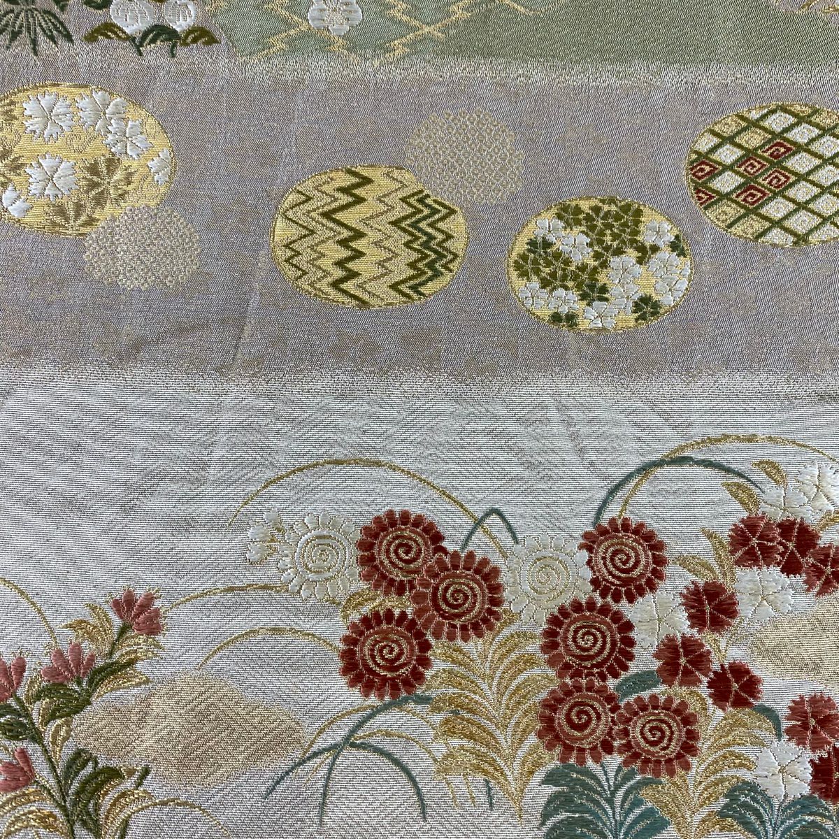 【美品】 袋帶 秀品級 葡萄 草花紋 金糸 金金箔 薄茶 六通 純蠶絲