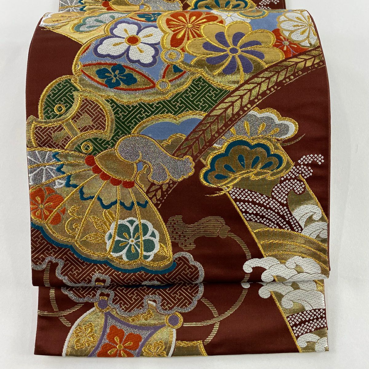 【美品】 袋帶 秀品級 寶盡くし 松樹 金絲 金金箔 茶 六通 純蠶絲