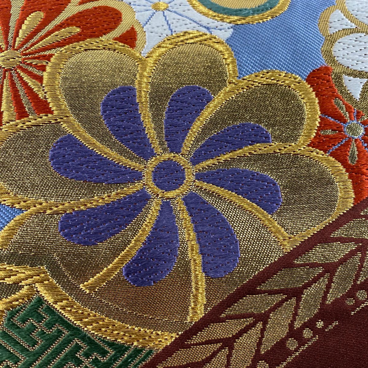 【美品】 袋帶 秀品級 寶盡くし 松樹 金絲 金金箔 茶 六通 純蠶絲