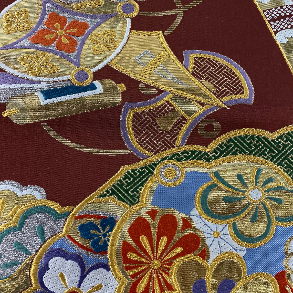 【美品】 袋帶 秀品級 寶盡くし 松樹 金絲 金金箔 茶 六通 純蠶絲