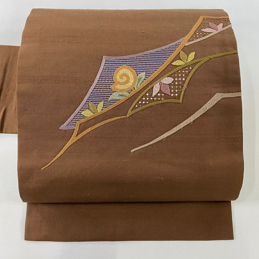 【美品】名古屋帶 秀品級 紬織織 草花紋紋 縞紋 刺繡 茶 純蠶絲