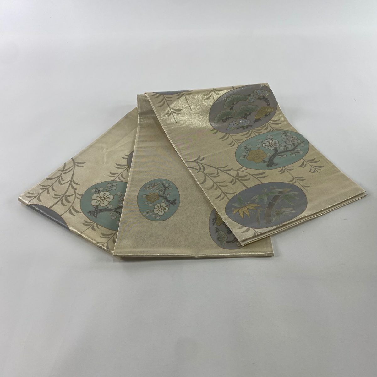 袋帶 秀品級 松樹竹子梅花 金銀彩 米色 大鼓圖案 純蠶絲