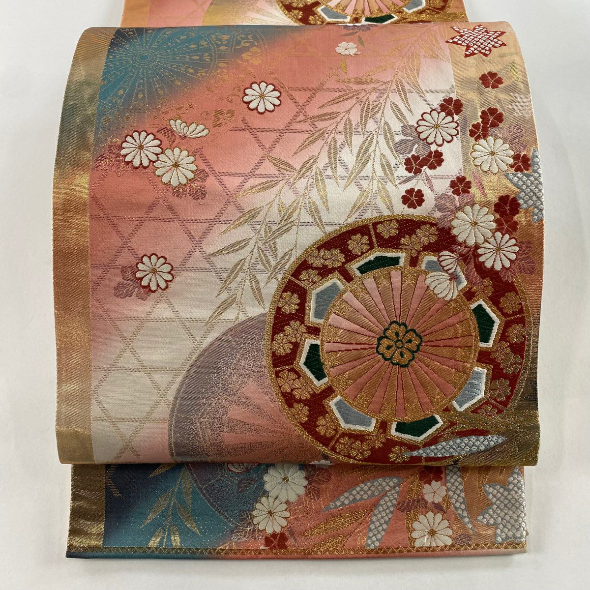 袋帶 秀品級 源氏車 菊花 金絲 金金箔 鮭粉色 六通 純蠶絲
