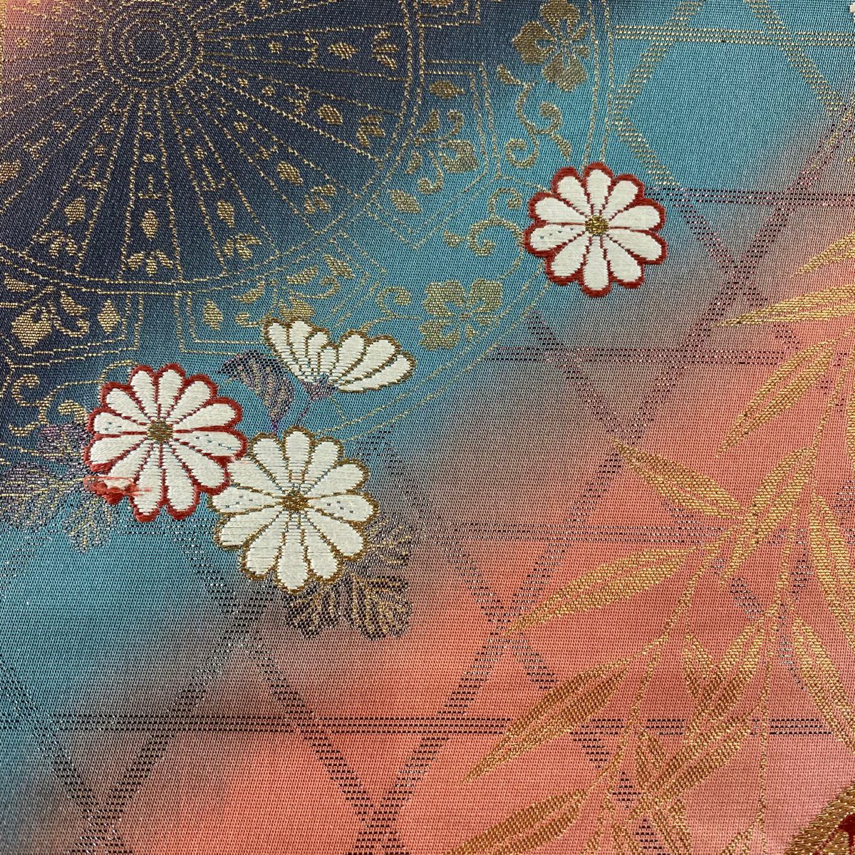袋帶 秀品級 源氏車 菊花 金絲 金金箔 鮭粉色 六通 純蠶絲