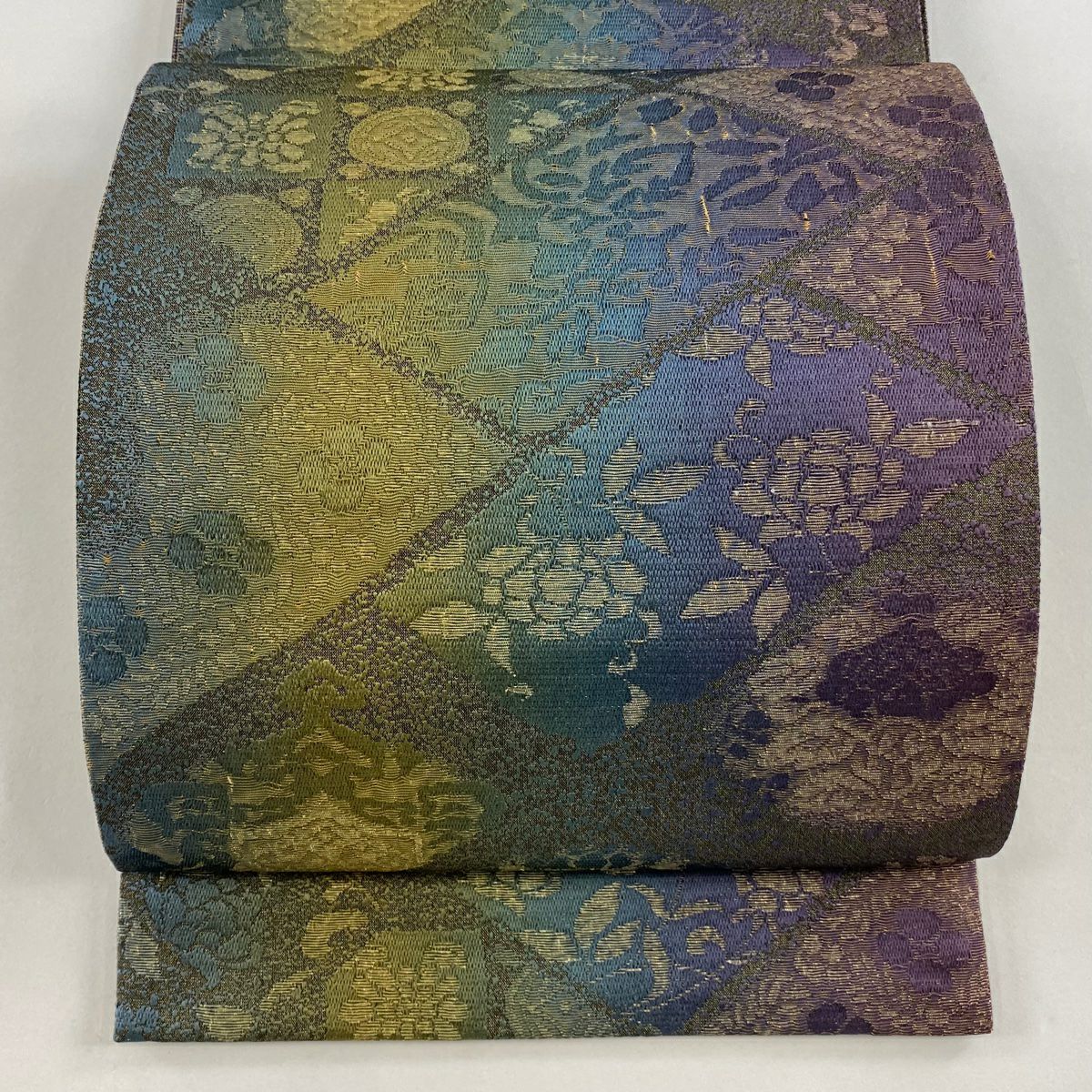 【庫存清倉】 【美品】 袋帶 名品級 草花紋紋 幾何圖案 金金箔 金通 青綠 六通 純蠶絲