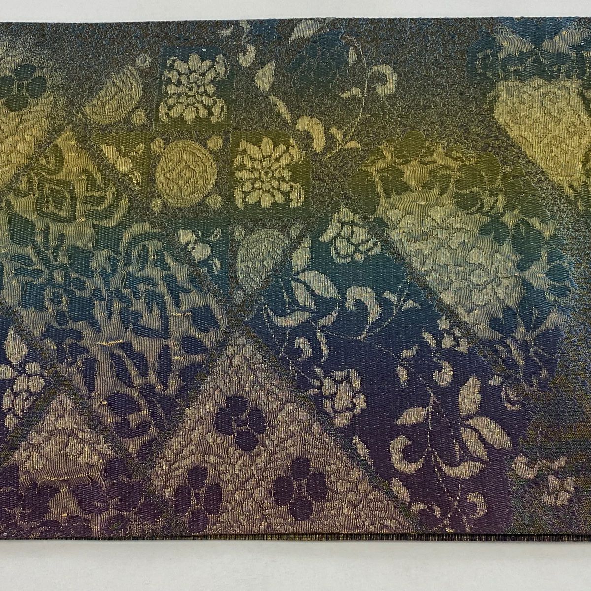 【庫存清倉】 【美品】 袋帶 名品級 草花紋紋 幾何圖案 金金箔 金通 青綠 六通 純蠶絲