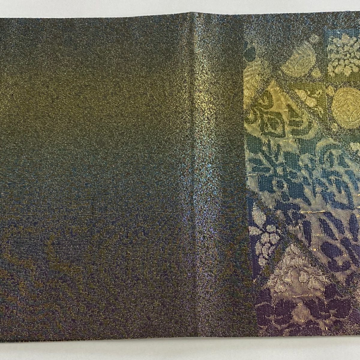 【庫存清倉】 【美品】 袋帶 名品級 草花紋紋 幾何圖案 金金箔 金通 青綠 六通 純蠶絲