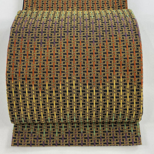 【庫存清倉】 【美品】 袋帶 名品級 六彌太格子紋 金絲 黑 六通 純蠶絲