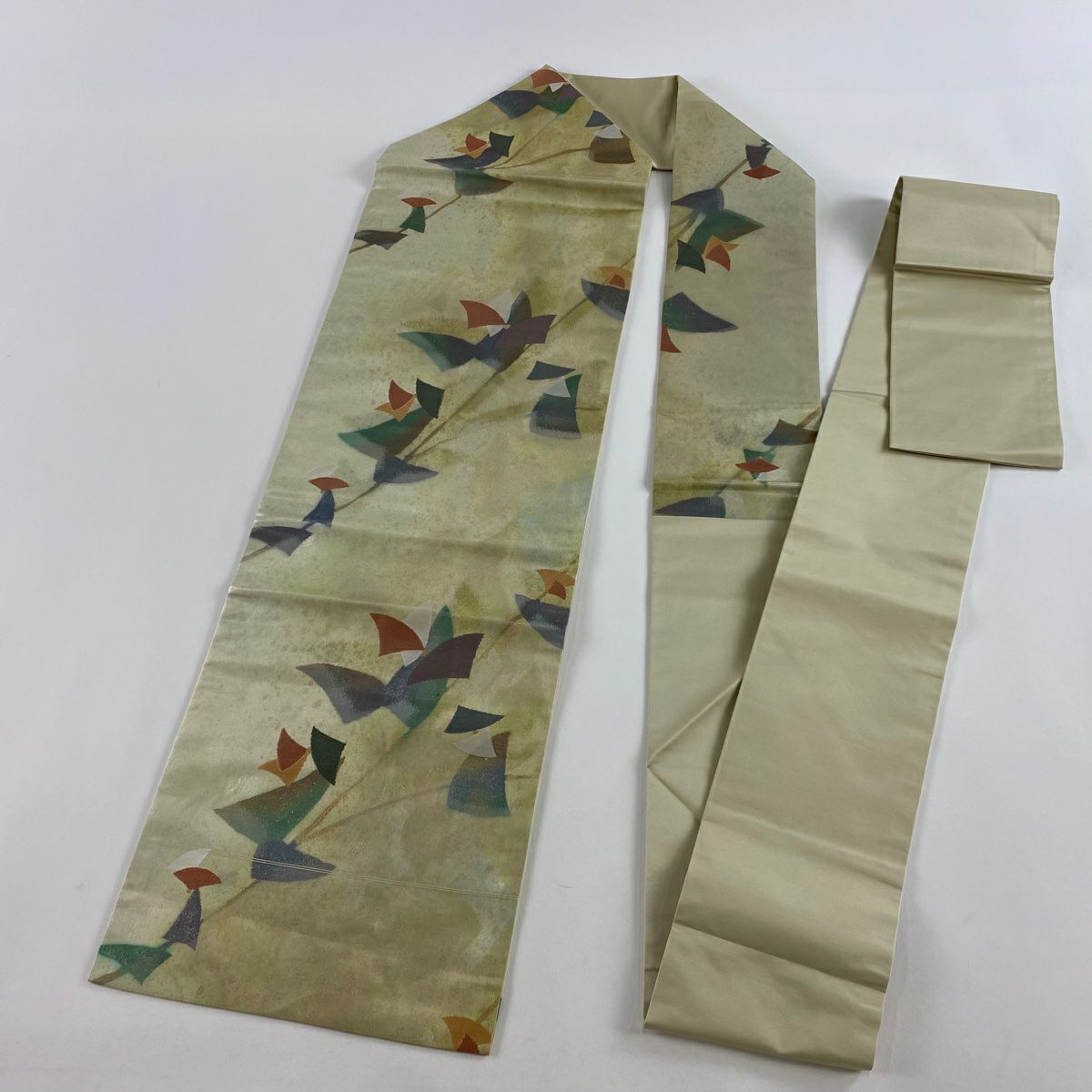 【美品】名古屋帶 優品級 草花紋 金銀彩 抹茶 純蠶絲