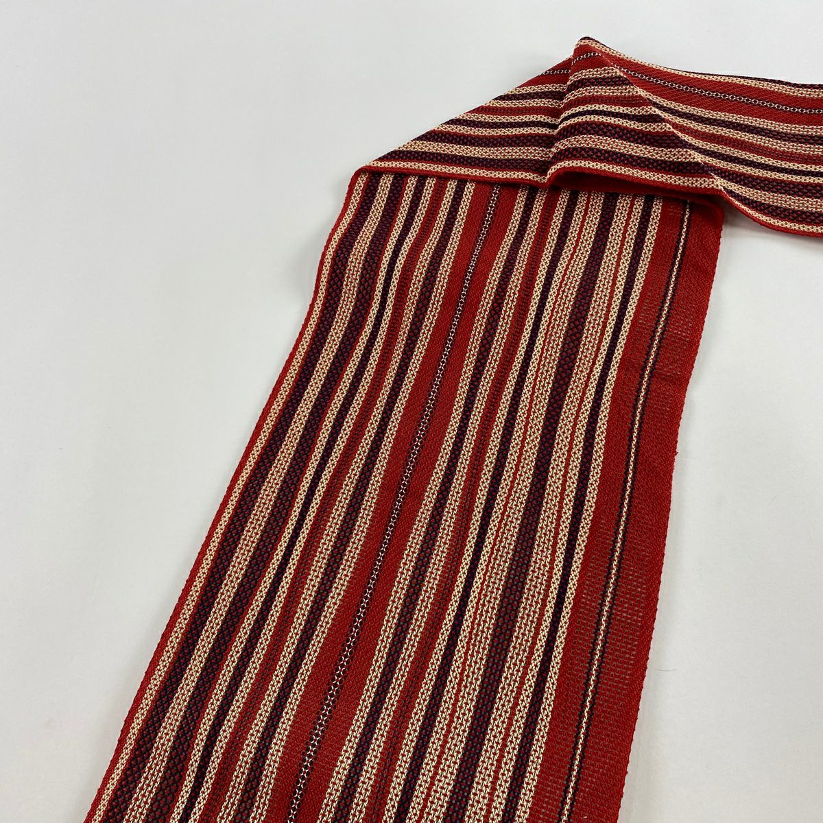 【美品】名古屋帶 優品級 紋理 斜條 紅 純蠶絲