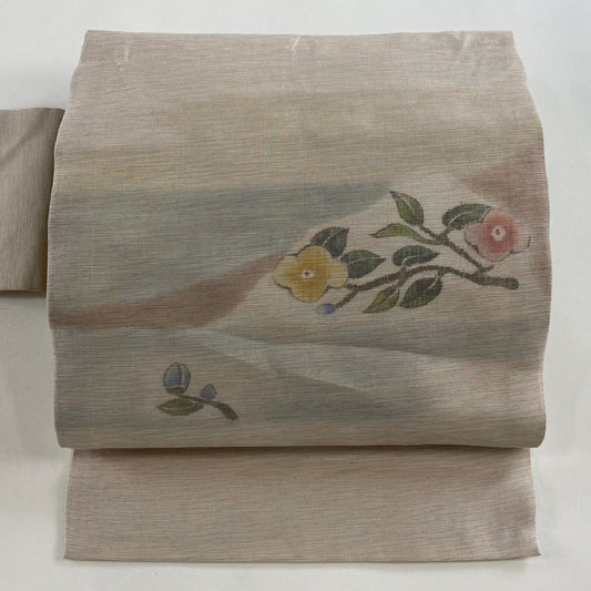 【美品】名古屋帶 優品級 落款 草花紋 霞 粉米色 純蠶絲