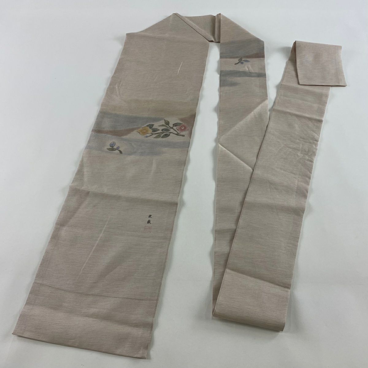 【美品】名古屋帶 優品級 落款 草花紋 霞 粉米色 純蠶絲