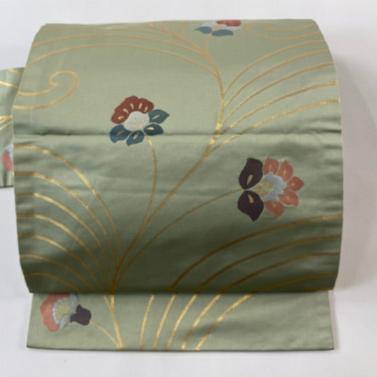 名古屋帶 優品級 花唐草紋 金金箔 灰綠 純蠶絲