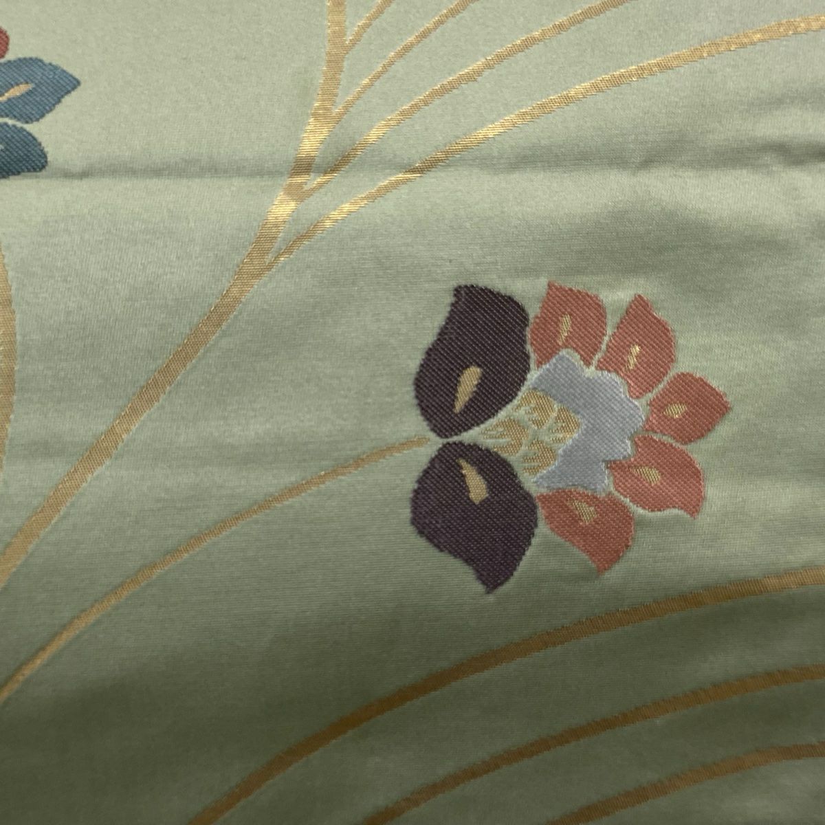名古屋帶 優品級 花唐草紋 金金箔 灰綠 純蠶絲