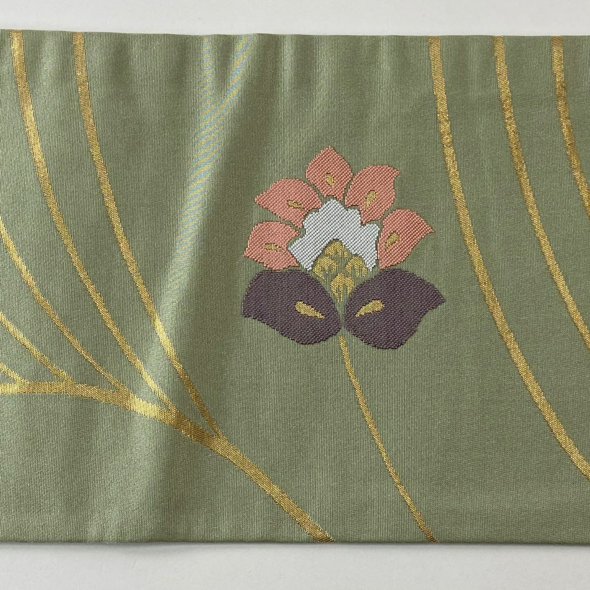 名古屋帶 優品級 花唐草紋 金金箔 灰綠 純蠶絲