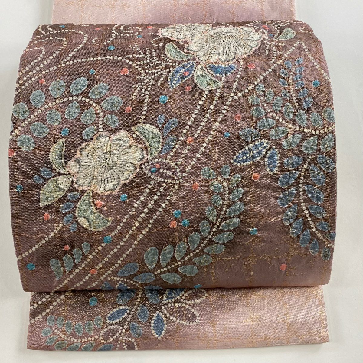 【庫存清倉】 【美品】 袋帶 名品級 辻花染 格子 金金箔 漸層 灰紫 大鼓圖案 純蠶絲