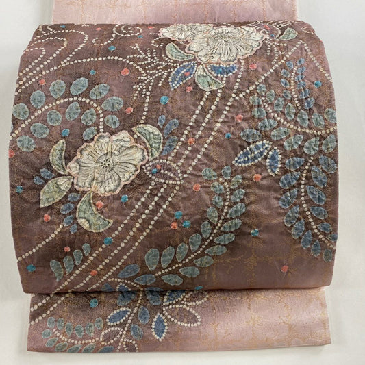 【庫存清倉】 【美品】 袋帶 名品級 辻花染 格子 金金箔 漸層 灰紫 大鼓圖案 純蠶絲