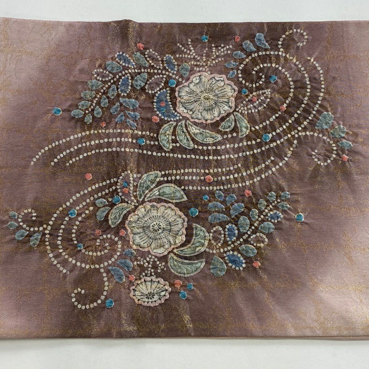 【庫存清倉】 【美品】 袋帶 名品級 辻花染 格子 金金箔 漸層 灰紫 大鼓圖案 純蠶絲
