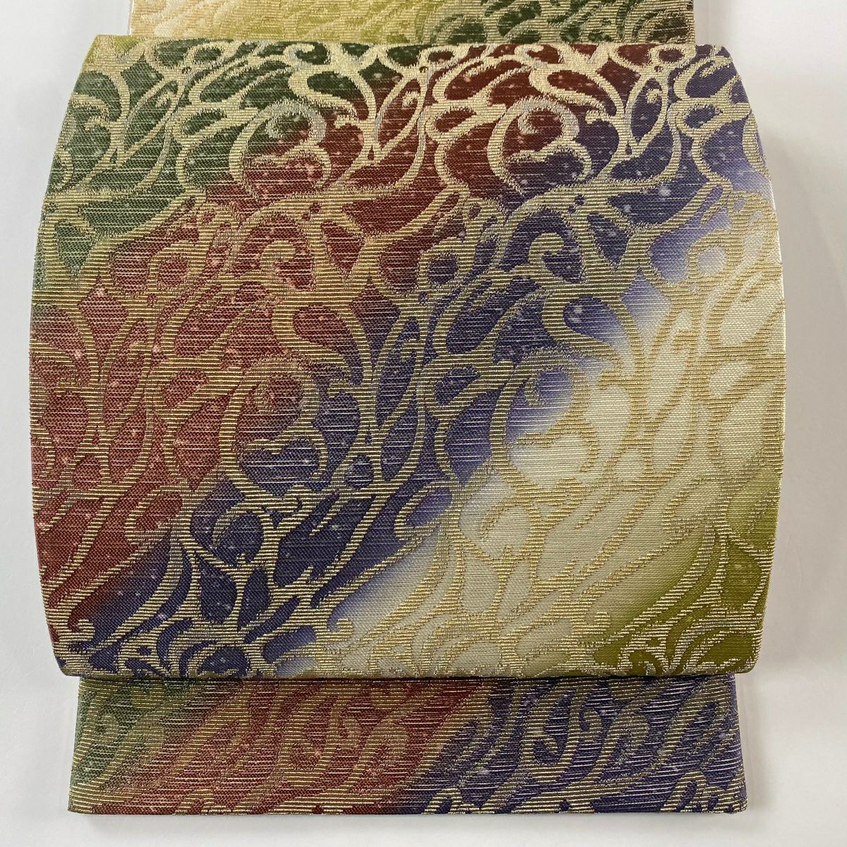 【美品】 袋帶 逸品級 唐草紋 金糸 金華山織 青紫 全通 純蠶絲