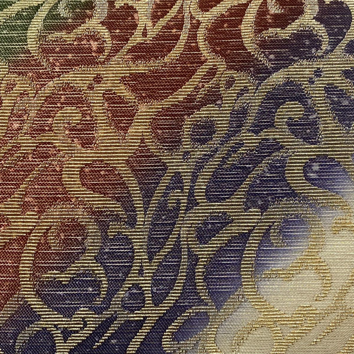 【美品】 袋帶 逸品級 唐草紋 金糸 金華山織 青紫 全通 純蠶絲