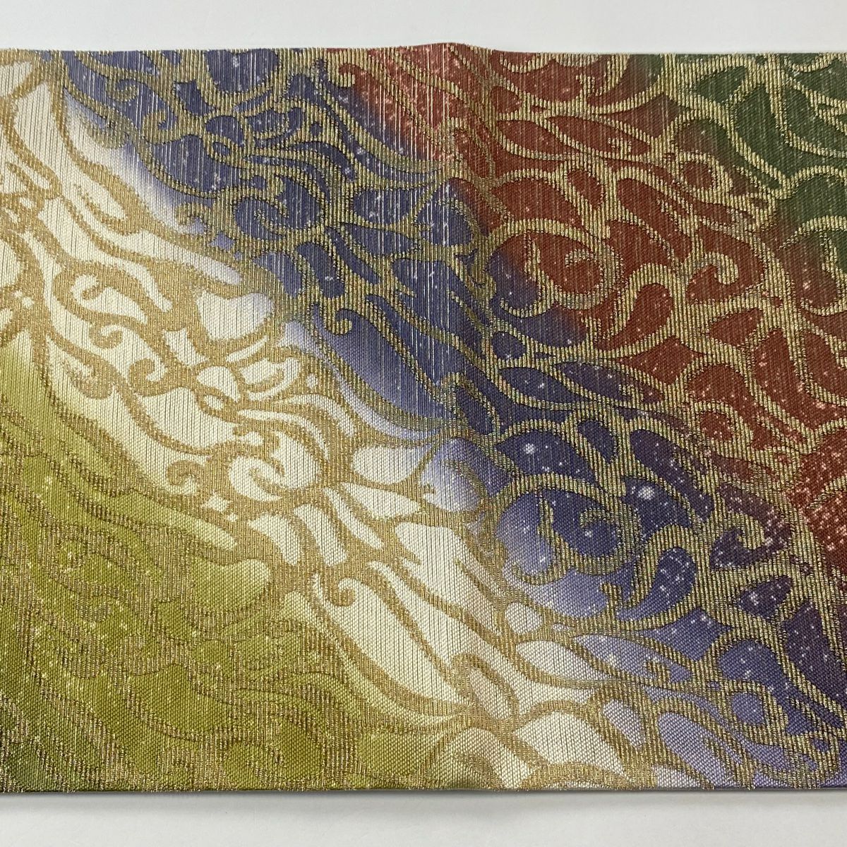 【美品】 袋帶 逸品級 唐草紋 金糸 金華山織 青紫 全通 純蠶絲