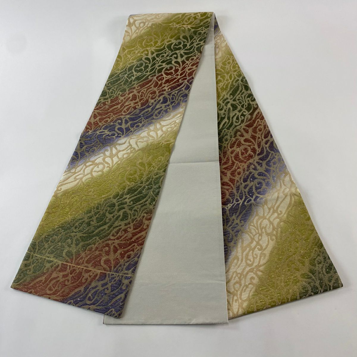 【美品】 袋帶 逸品級 唐草紋 金糸 金華山織 青紫 全通 純蠶絲