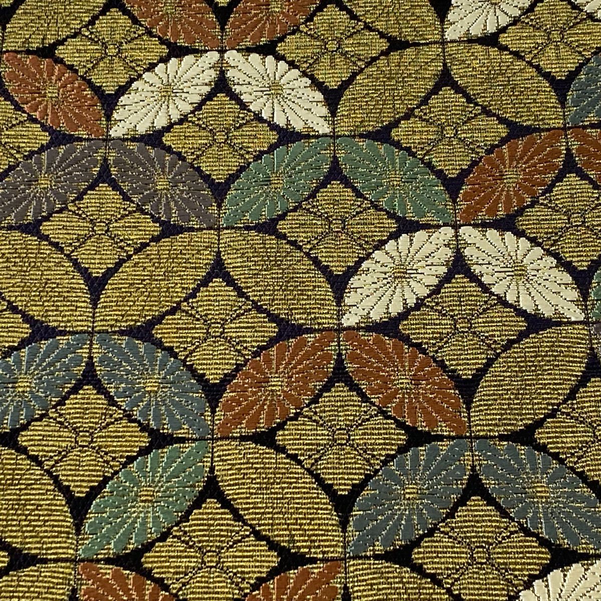 【美品】 袋帶 逸品級 手先二通り 花七寶 幾何學 金絲 金色 大鼓圖案 純蠶絲