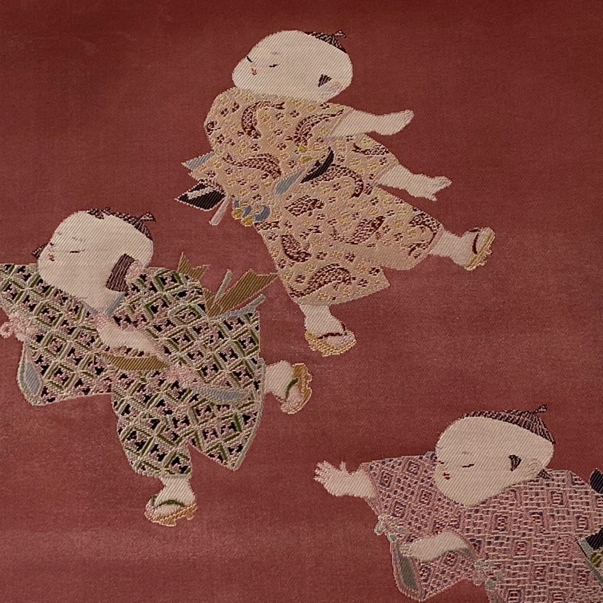 【美品】 袋帶 逸品級 由水十久監修 落款あり 插頭參見 関西裁縫 童 金金箔 紅紫 大鼓圖案 純蠶絲