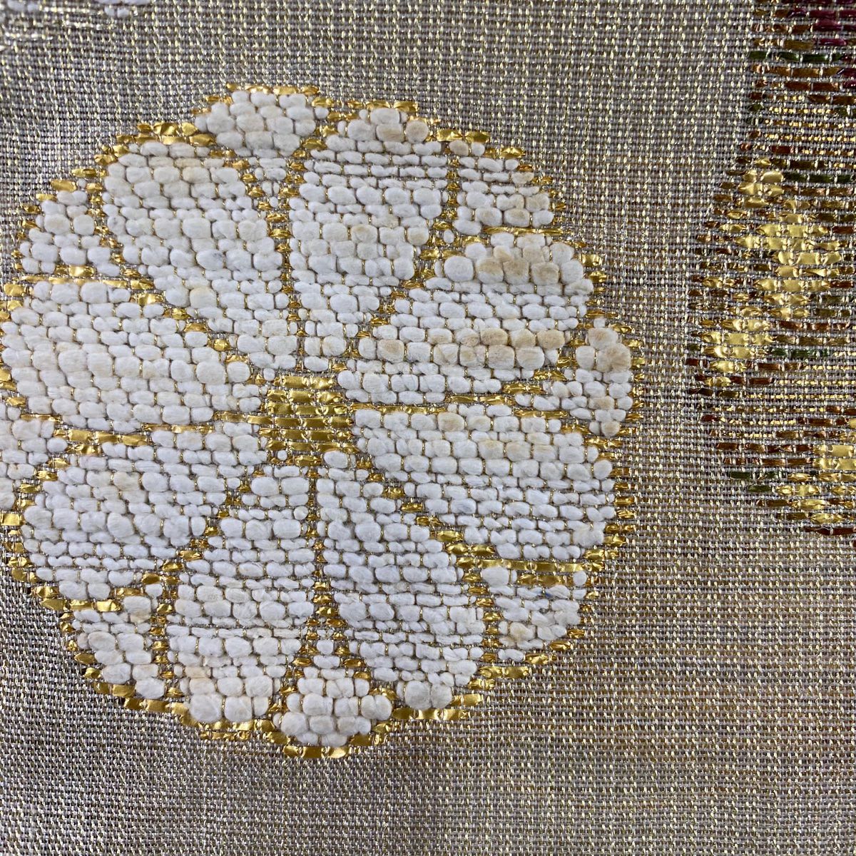 袋帶 秀品級 波頭 花 金金箔 米色 六通 純蠶絲