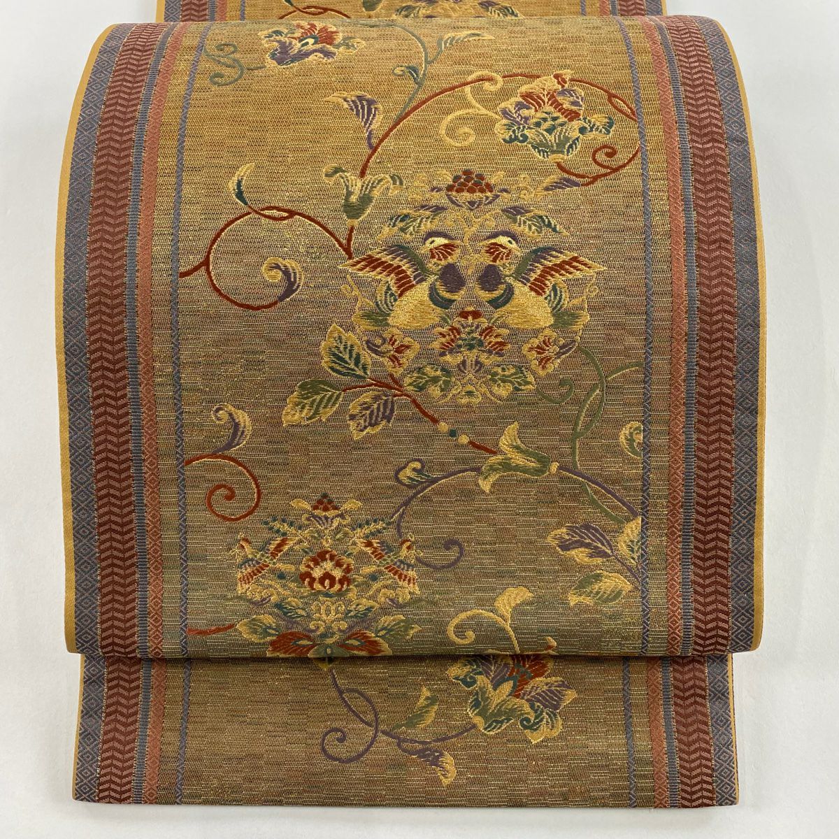 【美品】 袋帶 秀品級 向鳥 花唐草紋 金金箔 金絲 黃土色 六通 純蠶絲