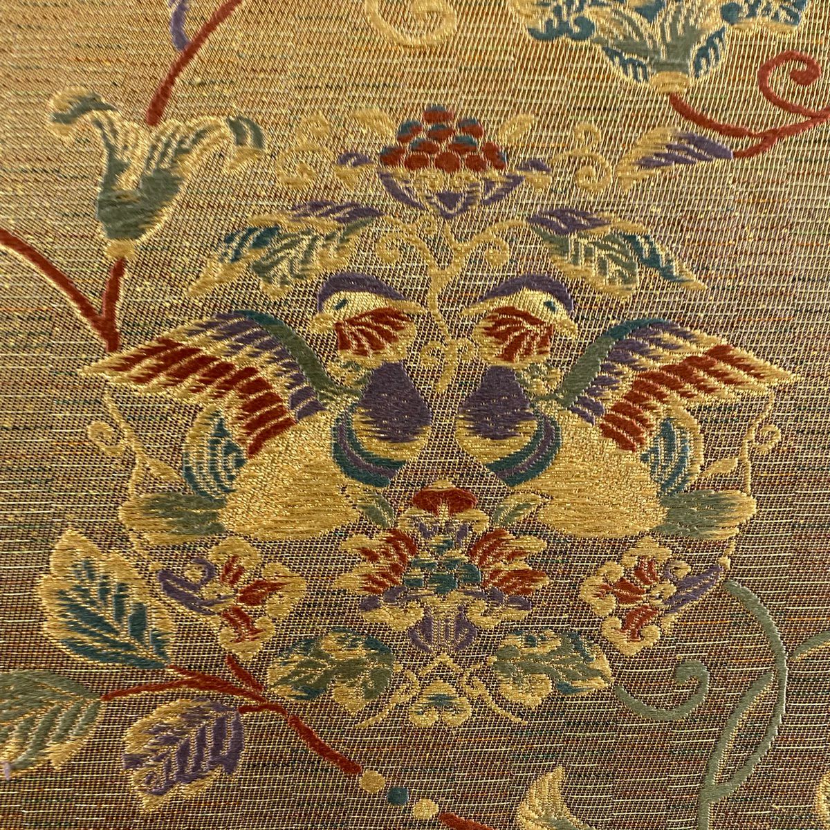 【美品】 袋帶 秀品級 向鳥 花唐草紋 金金箔 金絲 黃土色 六通 純蠶絲