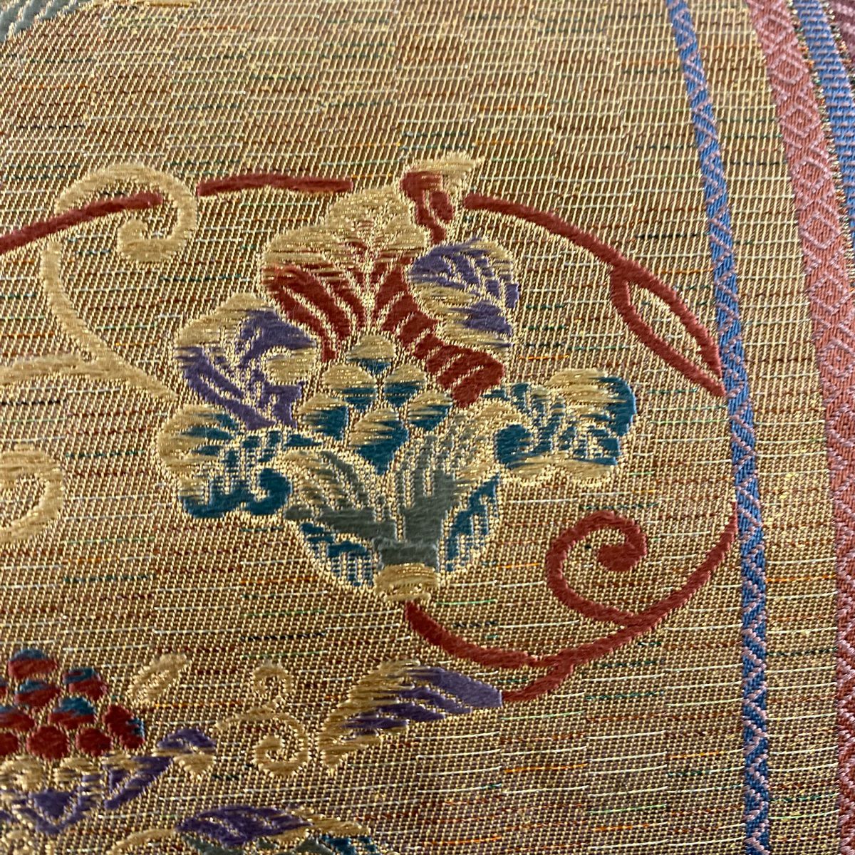 【美品】 袋帶 秀品級 向鳥 花唐草紋 金金箔 金絲 黃土色 六通 純蠶絲