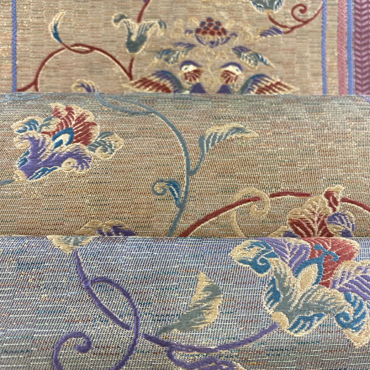 【美品】 袋帶 秀品級 向鳥 花唐草紋 金金箔 金絲 黃土色 六通 純蠶絲
