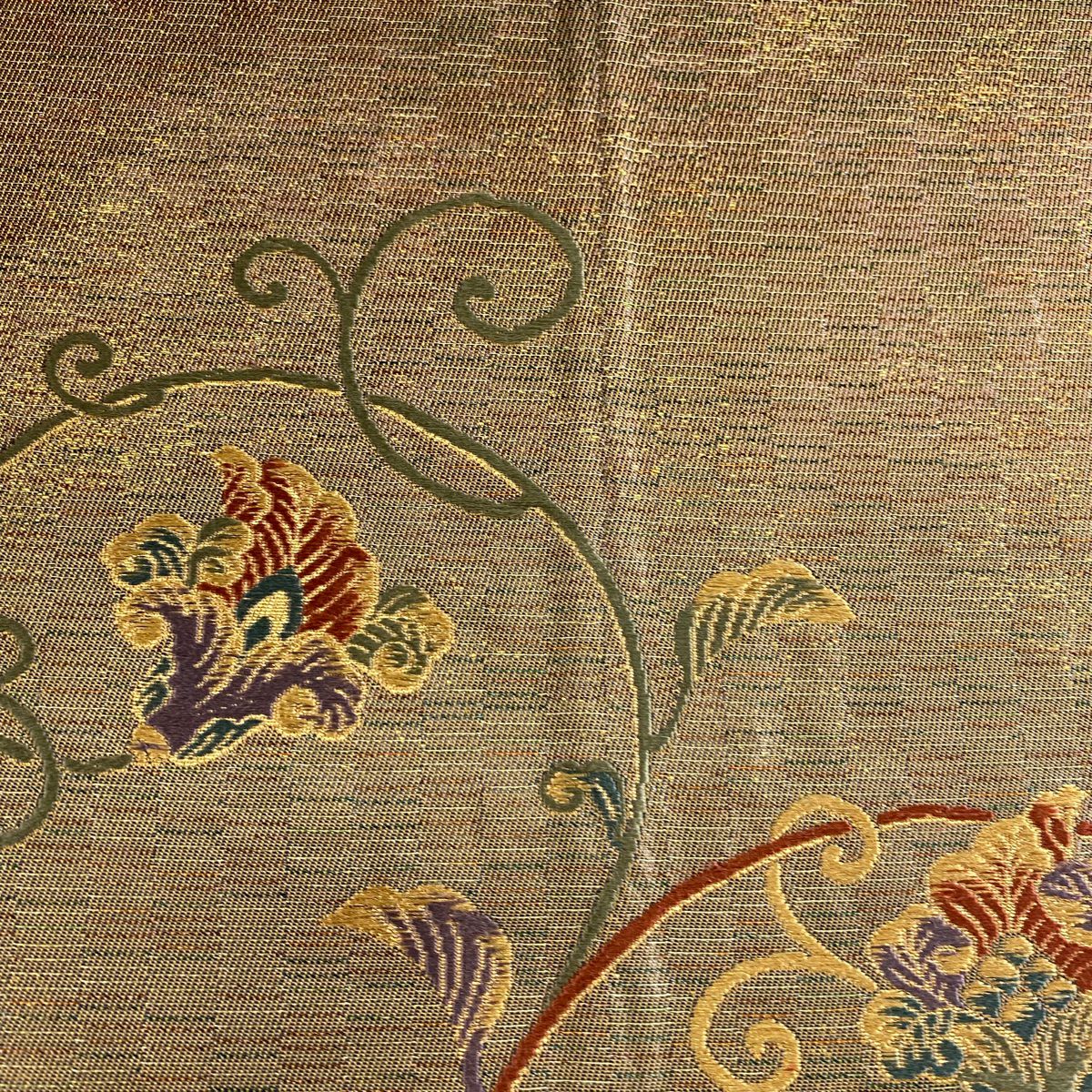 【美品】 袋帶 秀品級 向鳥 花唐草紋 金金箔 金絲 黃土色 六通 純蠶絲