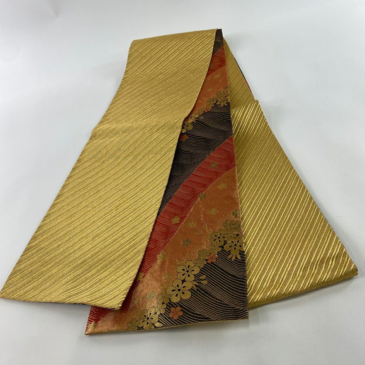 袋帶 秀品級 振袖禮服禮服用 斜條紋 金金箔 金絲 金色 全通 純蠶絲