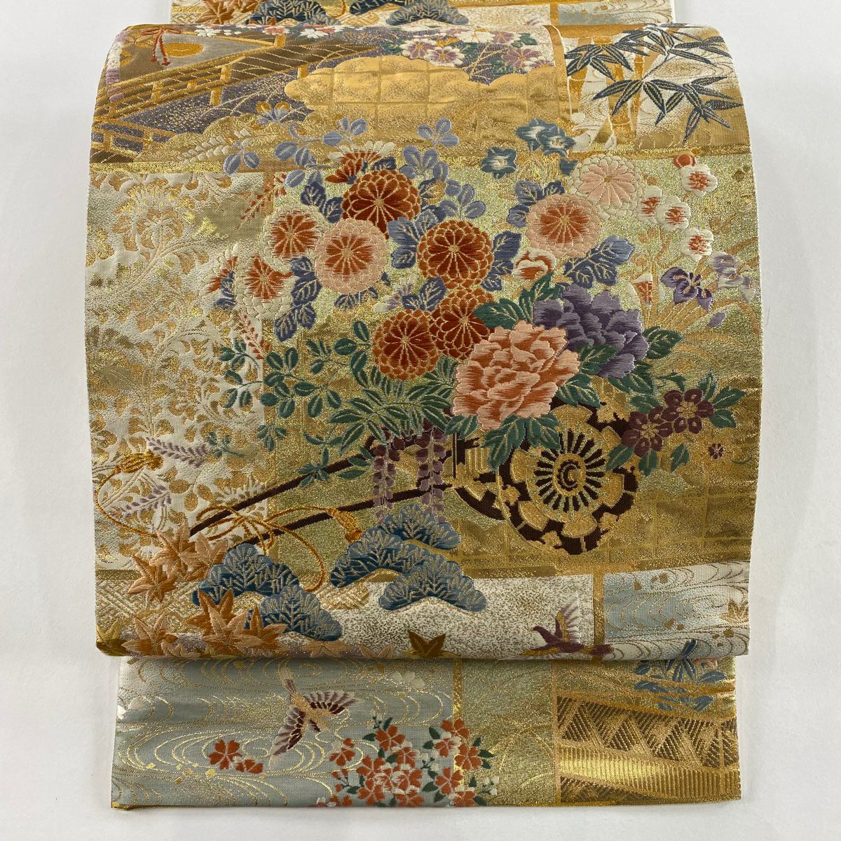袋帶 秀品級 花車 松樹竹子梅花 金金箔 金絲 金 六通 純蠶絲