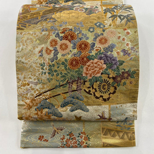 袋帶 秀品級 花車 松樹竹子梅花 金金箔 金絲 金 六通 純蠶絲