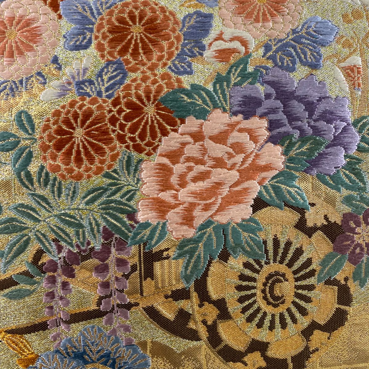 袋帶 秀品級 花車 松樹竹子梅花 金金箔 金絲 金 六通 純蠶絲