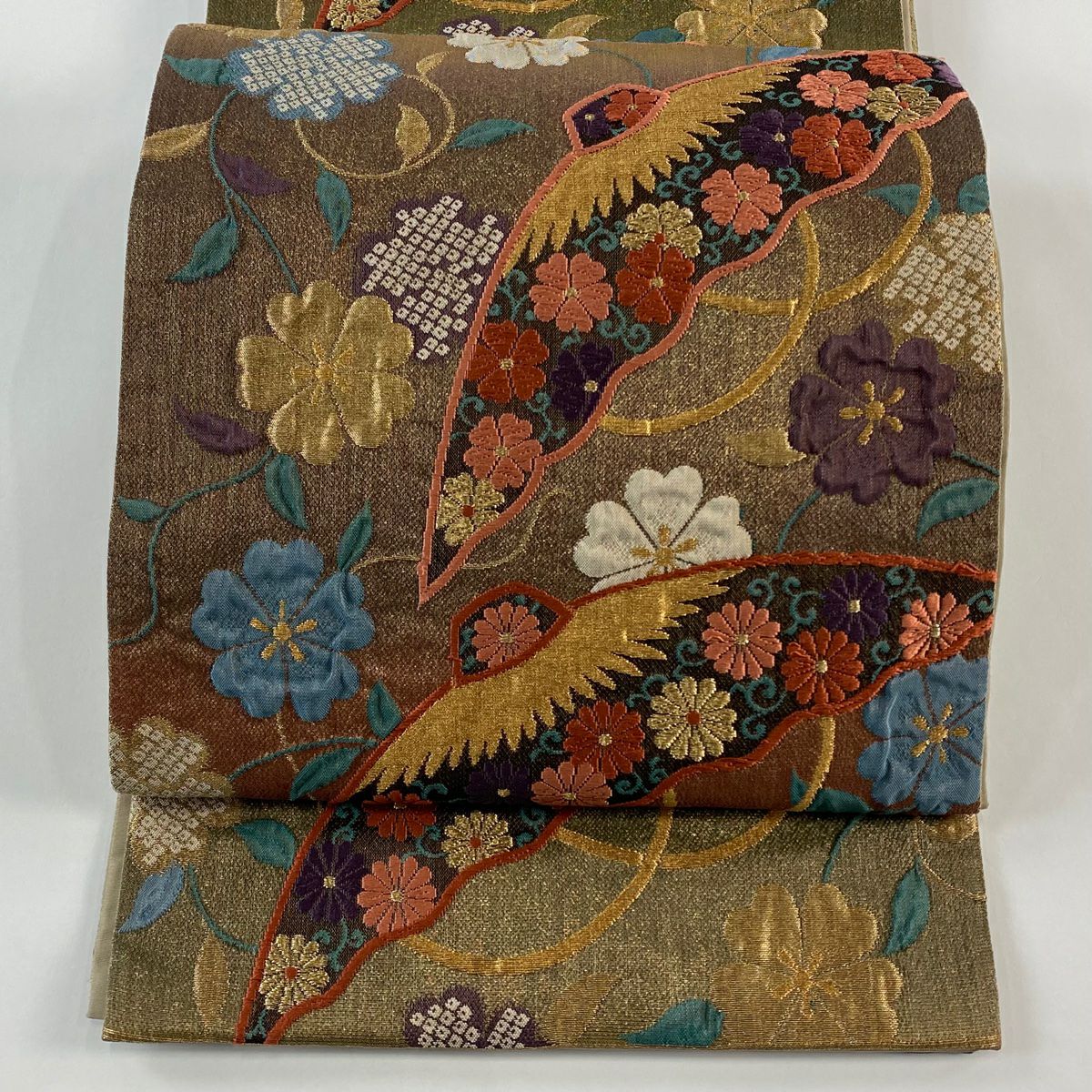 【美品】 袋帶 秀品級 花笠 菊花唐草紋 唐織 金金箔 茶 六通 純蠶絲
