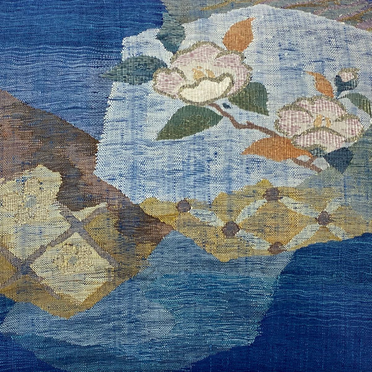 袋帶 秀品級 紬織織 枝花 梅花 金絲 藍色 大鼓圖案 純蠶絲