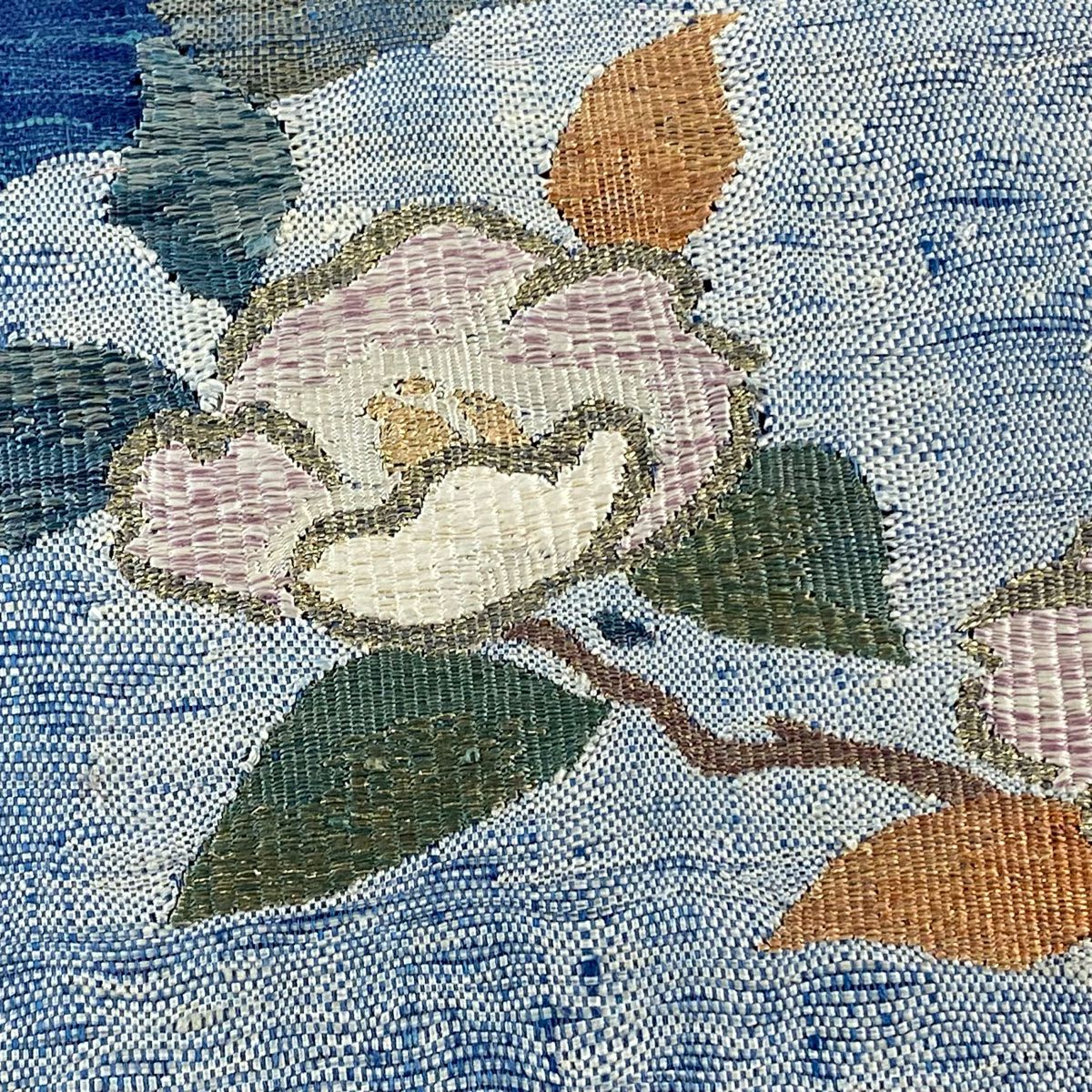袋帶 秀品級 紬織織 枝花 梅花 金絲 藍色 大鼓圖案 純蠶絲
